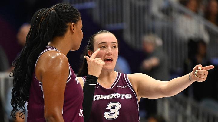 Jun 25, 2026; Toronto, Ontario, CAN; Toronto Tempo guard Marina Mabrey (3) gestures as she speaks with center Temi Fagbenle (14) during a time out against the Los Angeles Sparks in the second half at Coca-Cola Coliseum. Mandatory Credit: Dan Hamilton-Imagn Images