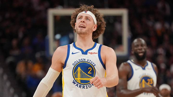 Apr 5, 2026; San Francisco, California, USA; Golden State Warriors guard Brandin Podziemski (2) reacts after missing a shot against the Houston Rockets in the third quarter at the Chase Center. Mandatory Credit: Cary Edmondson-Imagn Images