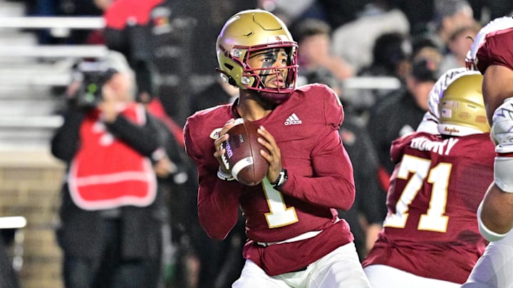 Boston College Eagles quarterback Thomas Castellanos (1) throws a pass against the Louisville Cardinals during the first half at Alumni Stadium. Boston College Eagles quarterback Thomas Castellanos (1) throws a pass against the Louisville Cardinals during the first half at Alumni Stadium.