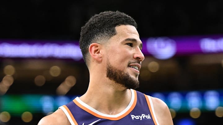 Mar 16, 2026; Boston, Massachusetts, USA; Phoenix Suns guard Devin Booker (1) reacts after a game against the Boston Celtics during the second half at the TD Garden. Mandatory Credit: Brian Fluharty-Imagn Images