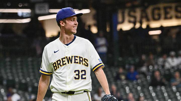 May 13, 2026; Milwaukee, Wisconsin, USA;  Milwaukee Brewers starting pitcher Jacob Misiorowski (32) reacts after retiring the side in the fourth inning against the San Diego Padres at American Family Field. Mandatory Credit: Benny Sieu-Imagn Images