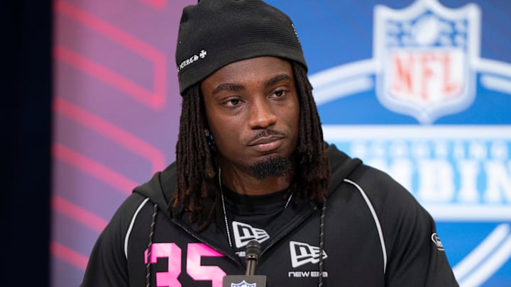Feb 26, 2026; Indianapolis, IN, USA; Southern California defensive back Bishop Fitzgerald (DB35) speaks to members of the media during the NFL Combine at the Indiana Convention Center. 
