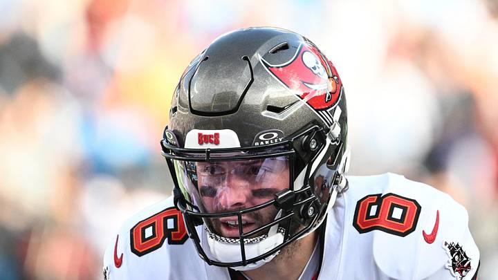 Tampa Bay Buccaneers quarterback Baker Mayfield (6) at the line of scrimmage in the third quarter at Bank of America Stadium. Tampa Bay Buccaneers quarterback Baker Mayfield (6) at the line of scrimmage in the third quarter at Bank of America Stadium.