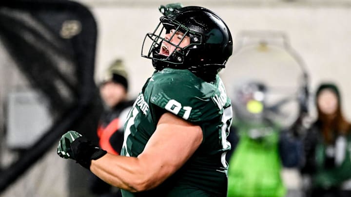 Michigan State's Alex VanSumeren celebrates after a sack against Purdue during the second quarter on Friday, Nov. 22, 2024, at Spartan Stadium in East Lansing.