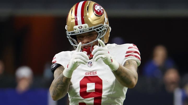 Dec 22, 2025; Indianapolis, Indiana, USA; San Francisco 49ers wide receiver Skyy Moore (9) celebrates after a play against the Indianapolis Colts in the second quarter of the game at Lucas Oil Stadium.
