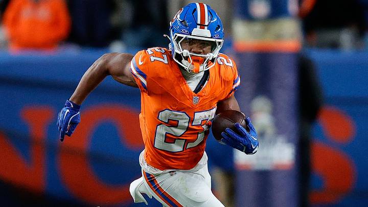 Nov 6, 2025; Denver, Colorado, USA; Denver Broncos running back J.K. Dobbins (27) runs the ball in the fourth quarter against the Las Vegas Raiders at Empower Field at Mile High. Nov 6, 2025; Denver, Colorado, USA; Denver Broncos running back J.K. Dobbins (27) runs the ball in the fourth quarter against the Las Vegas Raiders at Empower Field at Mile High.