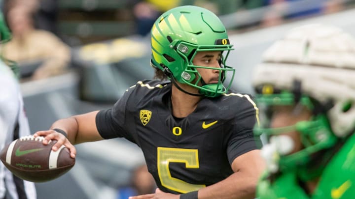 Oregon quarterback Dante Moore during the Oregon Ducks’ Spring Game Saturday, April 27. 2024 at Autzen Stadium in Eugene, Ore.