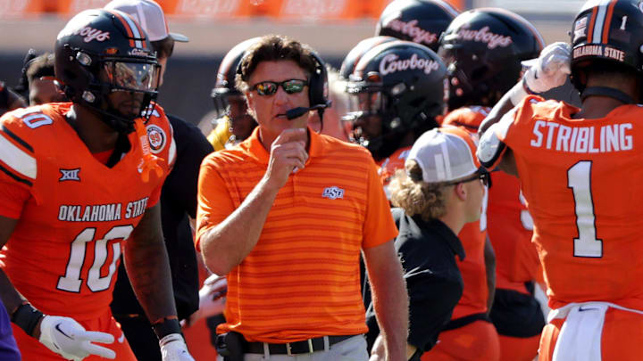 Oklahoma State head football coach Mike Gundy is pictured in the first half of the college football between the Oklahoma State University Cowboys and the Utah Utes at Boone Pickens Stadium in Stillwater, Okla., Saturday, Sept., 21, 2024.