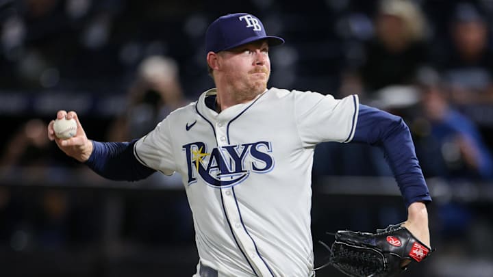 Sep 4, 2025; Tampa, Florida, USA; Tampa Bay Rays pitcher Pete Fairbanks (29) throws a pitch against the Cleveland Guardians in the ninth inning at George M. Steinbrenner Field. 