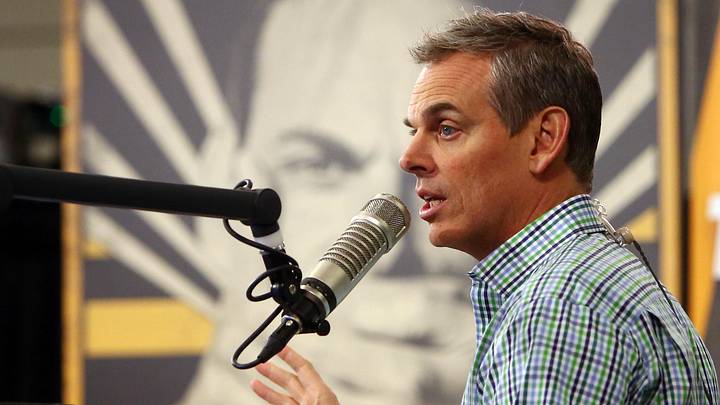 Feb 1, 2016; San Francisco, CA, USA; Radio personality Colin Cowherd broadcasts on radio row at the Moscone Center in advance of Super Bowl 50 between the Carolina Panthers and the Denver Broncos. Mandatory Credit: Jerry Lai-Imagn Images