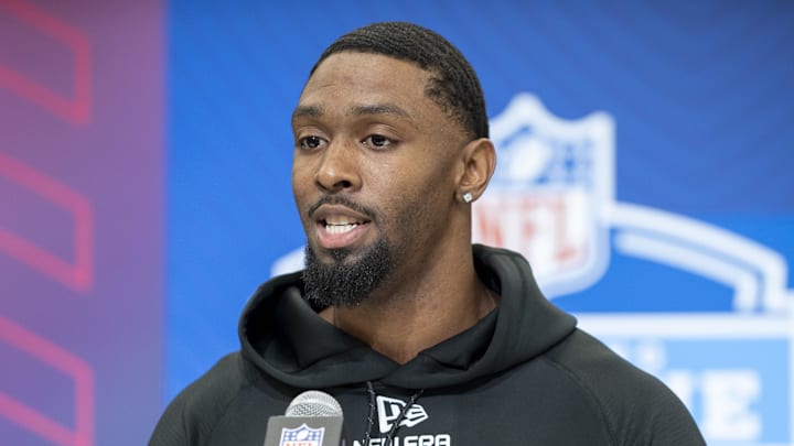 Feb 27, 2025; Indianapolis, IN, USA; Mississippi defensive back Trey Amos (DB03) during the 2025 NFL Combine at Lucas Oil Stadium. Mandatory Credit: Tanner Pearson-Imagn Images