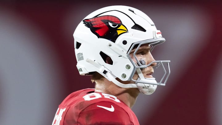 Nov 23, 2025; Glendale, Arizona, USA; Arizona Cardinals tight end Trey McBride (85) against the Jacksonville Jaguars at State Farm Stadium. Mandatory Credit: Mark J. Rebilas-Imagn Images