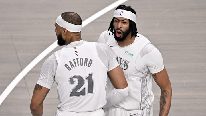 Feb 8, 2025; Dallas, Texas, USA; Dallas Mavericks forward Anthony Davis (3) and center Daniel Gafford (21) celebrates after Davis dunks the ball during the game between the Dallas Mavericks and the Houston Rockets at the American Airlines Center. Mandatory Credit: Jerome Miron-Imagn Images