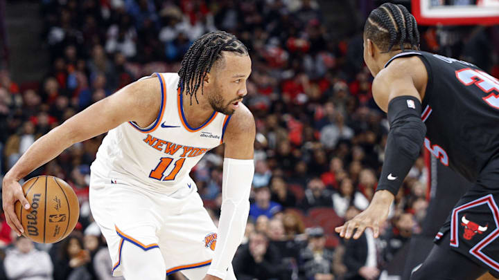 Feb 22, 2026; Chicago, Illinois, USA; New York Knicks guard Jalen Brunson (11) brings the ball up court against Chicago Bulls forward Isaac Okoro (35) during the first half at United Center. Mandatory Credit: Kamil Krzaczynski-Imagn Images Feb 22, 2026; Chicago, Illinois, USA; New York Knicks guard Jalen Brunson (11) brings the ball up court against Chicago Bulls forward Isaac Okoro (35) during the first half at United Center. Mandatory Credit: Kamil Krzaczynski-Imagn Images