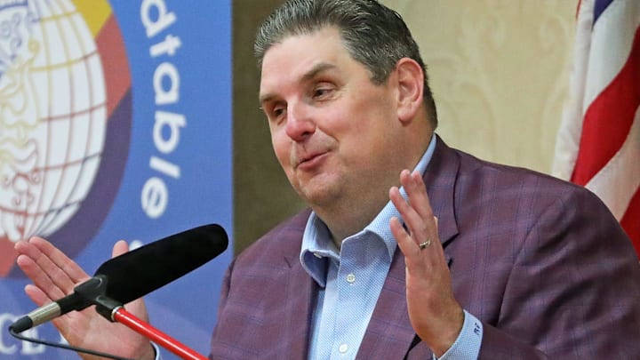 ESPN basketball analyst Brian Windhorst speaks during an Akron Roundtable meeting at Quaker Station, Feb. 19, 2026, in Akron, Ohio.