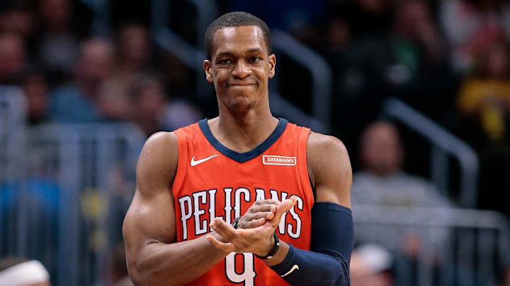 New Orleans Pelicans guard Rajon Rondo (9) reacts after a play in the second quarter against the Denver Nuggets at the Pepsi Center on December 15, 2027.