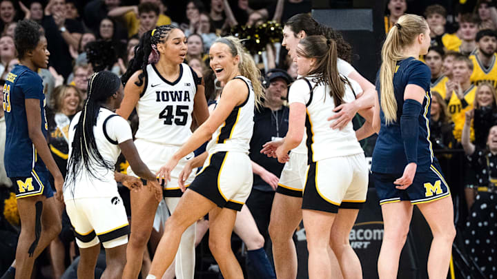 The Iowa Hawkeyes react during a basketball game against the Michigan Wolverines Feb. 22, 2026 at Carver-Hawkeye Arena in Iowa City, Iowa.