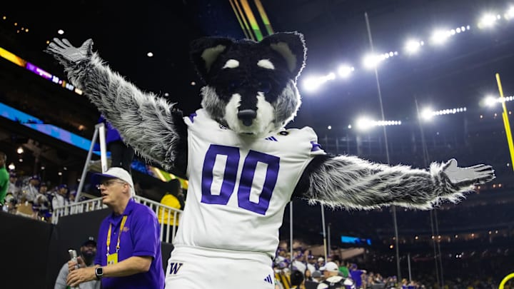 Jan 8, 2024; Houston, TX, USA; Washington Huskies mascot Harry the Husky during the 2024 College Football Playoff national championship game at NRG Stadium. Mandatory Credit: Mark J. Rebilas-Imagn Images Jan 8, 2024; Houston, TX, USA; Washington Huskies mascot Harry the Husky during the 2024 College Football Playoff national championship game at NRG Stadium. Mandatory Credit: Mark J. Rebilas-Imagn Images