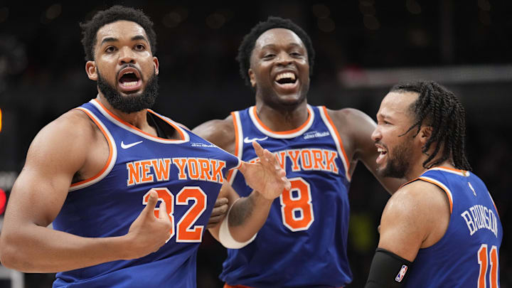 Dec 9, 2024; Toronto, Ontario, CAN; New York Knicks guard Jalen Brunson (11) and forward OG Anunoby (8) react after a three point basket by center Karl-Anthony Towns (32) to clinch a win over the Toronto Raptors during the second half at Scotiabank Arena. Mandatory Credit: John E. Sokolowski-Imagn Images Dec 9, 2024; Toronto, Ontario, CAN; New York Knicks guard Jalen Brunson (11) and forward OG Anunoby (8) react after a three point basket by center Karl-Anthony Towns (32) to clinch a win over the Toronto Raptors during the second half at Scotiabank Arena. Mandatory Credit: John E. Sokolowski-Imagn Images