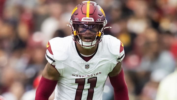 Sep 29, 2024; Glendale, Arizona, USA; Washington Commanders safety Jeremy Chinn (11) against the Arizona Cardinals at State Farm Stadium. Mandatory Credit: Mark J. Rebilas-Imagn Images