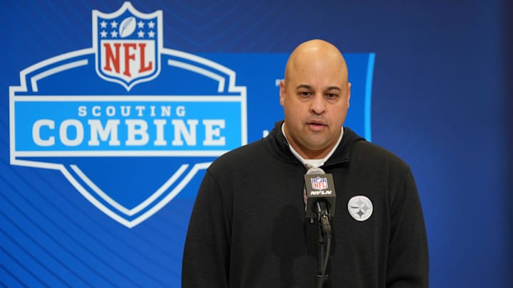 Pittsburgh Steelers general manager Omar Khan speaks at the NFL Combine