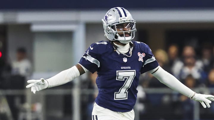 Dec 21, 2025; Arlington, Texas, USA; Dallas Cowboys cornerback Trevon Diggs (7) reacts following a play against the Los Angeles Chargers during the third quarter at AT&T Stadium. Mandatory Credit: Kevin Jairaj-Imagn Images