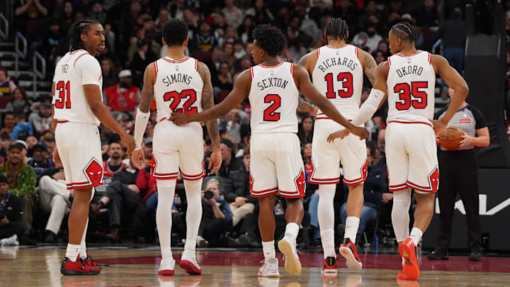 Feb 7, 2026; Chicago, Illinois, USA; Chicago Bulls guard Jaden Ivey (31) guard Anfernee Simons (22) guard Collin Sexton (2) center Nick Richards (13) and forward Isaac Okoro (35) on the court during the second half against the Denver Nuggets. All five players weren’t 0n the team at the start of the season at United Center. Mandatory Credit: David Banks-Imagn Images