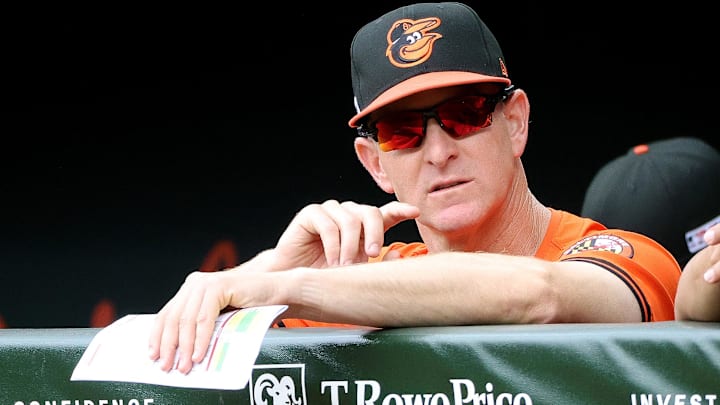 Jun 14, 2025; Baltimore, Maryland, USA; Baltimore Orioles interim manager Tony Mansolino (36) looks on before a game against the Los Angeles Angels at Oriole Park at Camden Yards. Jun 14, 2025; Baltimore, Maryland, USA; Baltimore Orioles interim manager Tony Mansolino (36) looks on before a game against the Los Angeles Angels at Oriole Park at Camden Yards.