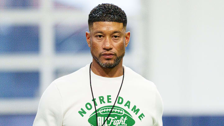 Head coach Marcus Freeman during a Notre Dame football practice at Irish Athletic Center on Saturday, April 18, 2026, in South Bend.