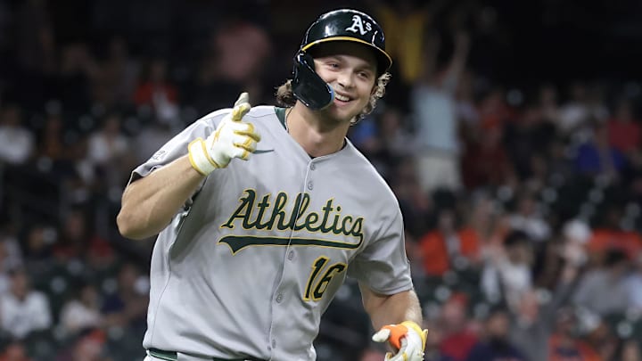 Jul 25, 2025; Houston, Texas, USA;  Athletics designated hitter Nick Kurtz (16) celebrates after hitting his fourth home run of the game during the ninth inning against the Houston Astros at Daikin Park. Mandatory Credit: Troy Taormina-Imagn Images