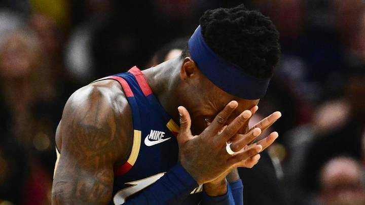 Apr 18, 2026; Cleveland, Ohio, USA; Cleveland Cavaliers guard Dennis Schroder (8) reacts after a foul against the Toronto Raptors during the first half of game one in the first round of the 2026 NBA Playoffs at Rocket Arena. Mandatory Credit: Ken Blaze-Imagn Images