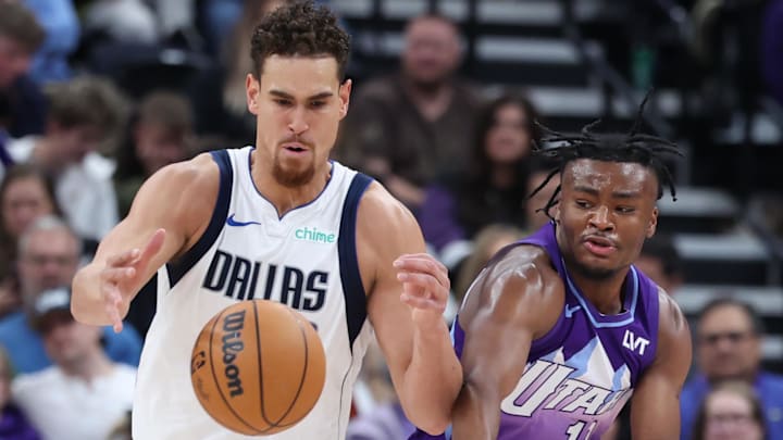 Nov 14, 2024; Salt Lake City, Utah, USA; Utah Jazz guard Isaiah Collier (13) knocks the ball away from Dallas Mavericks center Dwight Powell (7) during the second quarter at Delta Center. Mandatory Credit: Rob Gray-Imagn Images Nov 14, 2024; Salt Lake City, Utah, USA; Utah Jazz guard Isaiah Collier (13) knocks the ball away from Dallas Mavericks center Dwight Powell (7) during the second quarter at Delta Center. Mandatory Credit: Rob Gray-Imagn Images