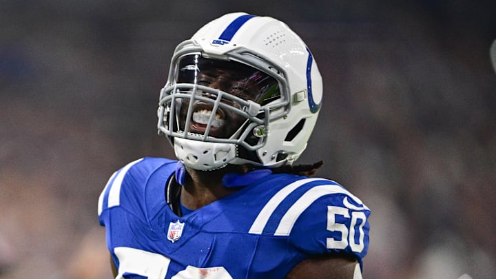 Indianapolis Colts linebacker Segun Olubi celebrates a tackle 