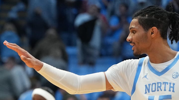 Dec 7, 2025; Chapel Hill, North Carolina, USA; North Carolina Tar Heels center Henri Veesaar (13) reacts with forward Jarin Stevenson (15) after the game at Dean E. Smith Center. Mandatory Credit: Bob Donnan-Imagn Images Dec 7, 2025; Chapel Hill, North Carolina, USA; North Carolina Tar Heels center Henri Veesaar (13) reacts with forward Jarin Stevenson (15) after the game at Dean E. Smith Center. Mandatory Credit: Bob Donnan-Imagn Images