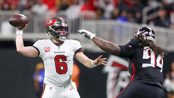 Dec 10, 2023; Atlanta, Georgia, USA; Tampa Bay Buccaneers quarterback Baker Mayfield (6) throws a pass against the Atlanta Falcons in the second half at Mercedes-Benz Stadium. Mandatory Credit: Brett Davis-Imagn Images