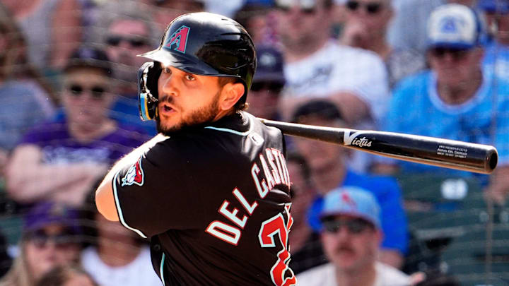 Arizona Diamondbacks' Adrian Del Castillo hits a double against the Kansas City Royals in the second inning during a spring training game at Salt River Fields at Talking Stick on Feb. 28, 2025, in Scottsdale. Arizona Diamondbacks' Adrian Del Castillo hits a double against the Kansas City Royals in the second inning during a spring training game at Salt River Fields at Talking Stick on Feb. 28, 2025, in Scottsdale.