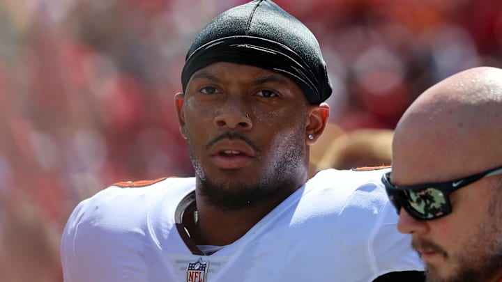 Sep 29, 2024; Tampa, Florida, USA; Tampa Bay Buccaneers linebacker SirVocea Dennis (8) Mandatory Credit: Kim Klement Neitzel-Imagn Images