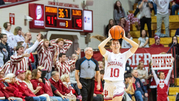Indiana's Shay Ciezki (10) reacts to getting called for a foul during the Indiana versus Illinois women's basketball game at Simon Skjodt Assembly Hall on Thursday, Jan. 16, 2025.