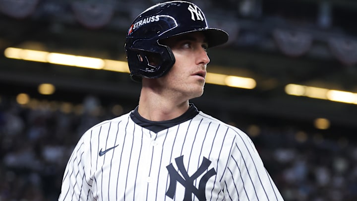 Oct 1, 2025; Bronx, New York, USA; New York Yankees left fielder Cody Bellinger (35) reacts after flying out during the third inning against the Boston Red Sox during game two of the Wildcard round for the 2025 MLB playoffs at Yankee Stadium. Mandatory Credit: Brad Penner-Imagn Images