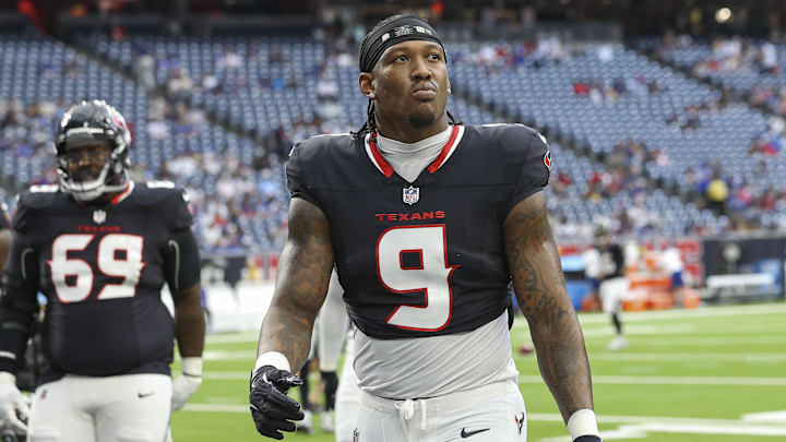 Aug 17, 2024; Houston, Texas, USA; Houston Texans tight end Brevin Jordan (9) before the game against the New York Giants at NRG Stadium. Mandatory Credit: Troy Taormina-Imagn Images