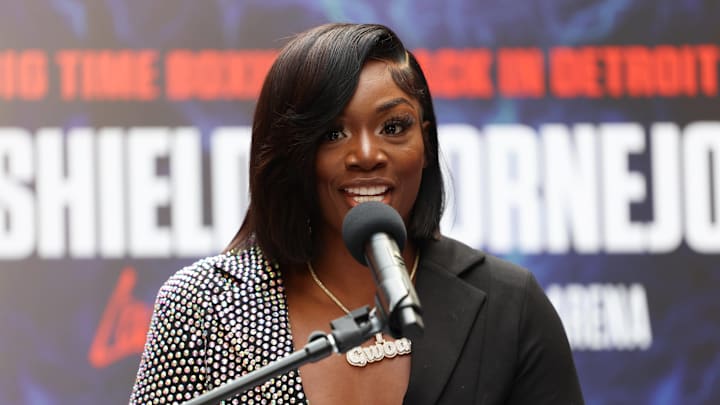 Claressa Shields speaks to media during the final press conference on May 31, 2023.