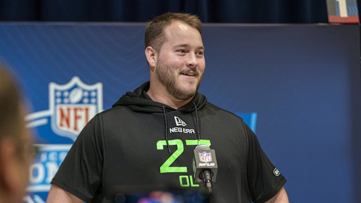 Mar 1, 2025; Indianapolis, IN, USA; Ohio State University offensive lineman Seth Mclaughlin answers questions at a press conference during the 2025 NFL Combine at Indiana Convention Center. Mandatory Credit: Jacob Musselman-Imagn Images