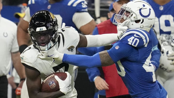 Jan 5, 2025; Indianapolis, Indiana, USA; Jacksonville Jaguars wide receiver Brian Thomas Jr. (7) pushes off of Indianapolis Colts cornerback Jaylon Jones (40) during a game against the Jacksonville Jaguars at Lucas Oil Stadium. Mandatory Credit: Christine Tannous/USA TODAY Network via Imagn Images Jan 5, 2025; Indianapolis, Indiana, USA; Jacksonville Jaguars wide receiver Brian Thomas Jr. (7) pushes off of Indianapolis Colts cornerback Jaylon Jones (40) during a game against the Jacksonville Jaguars at Lucas Oil Stadium. Mandatory Credit: Christine Tannous/USA TODAY Network via Imagn Images