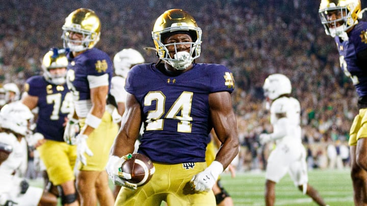 Notre Dame running back Jadarian Price (24) celebrates after scoring a touchdown in the first half of a NCAA football game against Texas A&M at Notre Dame Stadium on Saturday, Sept. 13, 2025, in South Bend.
