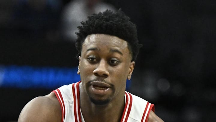 Mar 19, 2026; Portland, OR, USA; Wisconsin Badgers guard John Blackwell (25) dribbles against the High Point Panthers during the first half of a first round game of the men's 2026 NCAA Tournament at Moda Center. Mandatory Credit: Craig Strobeck-Imagn Images
