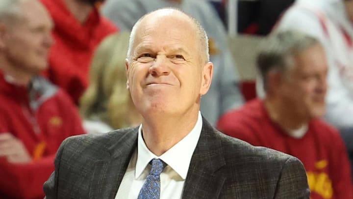 Feb 18, 2025; Ames, Iowa, USA; Colorado Buffaloes head coach Tad Boyle watches his team play the Iowa State Cyclones during the first half at James H. Hilton Coliseum.
