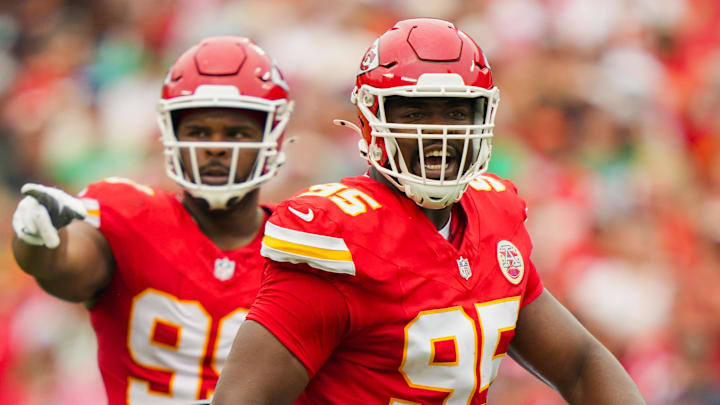 Sep 14, 2025; Kansas City, Missouri, USA; Kansas City Chiefs defensive tackle Chris Jones (95) reacts during the first half against the Philadelphia Eagles at GEHA Field at Arrowhead Stadium.  