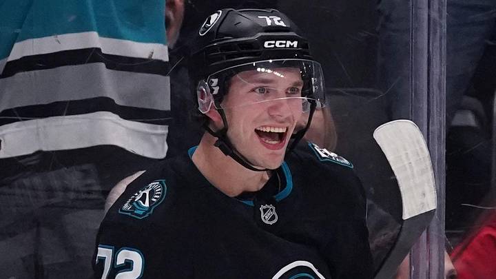 Apr 6, 2026; San Jose, California, USA; San Jose Sharks left wing William Eklund (72) celebrates after scoring a goal during a game against the Chicago Blackhawks in the second period at SAP Center at San Jose. Mandatory Credit: David Gonzales-Imagn Images Apr 6, 2026; San Jose, California, USA; San Jose Sharks left wing William Eklund (72) celebrates after scoring a goal during a game against the Chicago Blackhawks in the second period at SAP Center at San Jose. Mandatory Credit: David Gonzales-Imagn Images