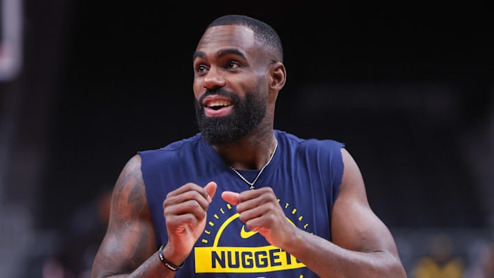 Dec 5, 2025; Atlanta, Georgia, USA; Denver Nuggets guard Tim Hardaway Jr. (10) warms up before a game against the Atlanta Hawks at State Farm Arena. Mandatory Credit: Brett Davis-Imagn Images