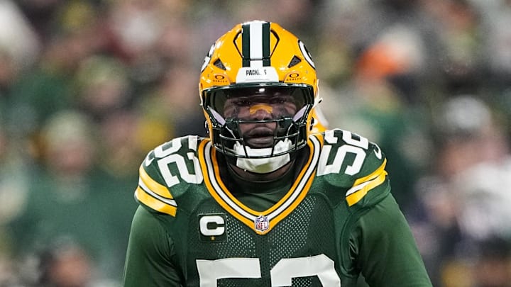 Dec 7, 2025; Green Bay, Wisconsin, USA;  Green Bay Packers defensive lineman Rashan Gary (52) during the game against the Chicago Bears at Lambeau Field. Mandatory Credit: Jeff Hanisch-Imagn Images